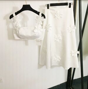 Runway Style 3D Floral Applique 2-Piece Set Crop Top & Midi Skirt White